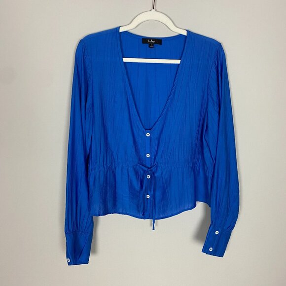 Lulus Cute Composure Cobalt Blue Textured Tie-Front Long Sleeve Top - Picture 2 of 9